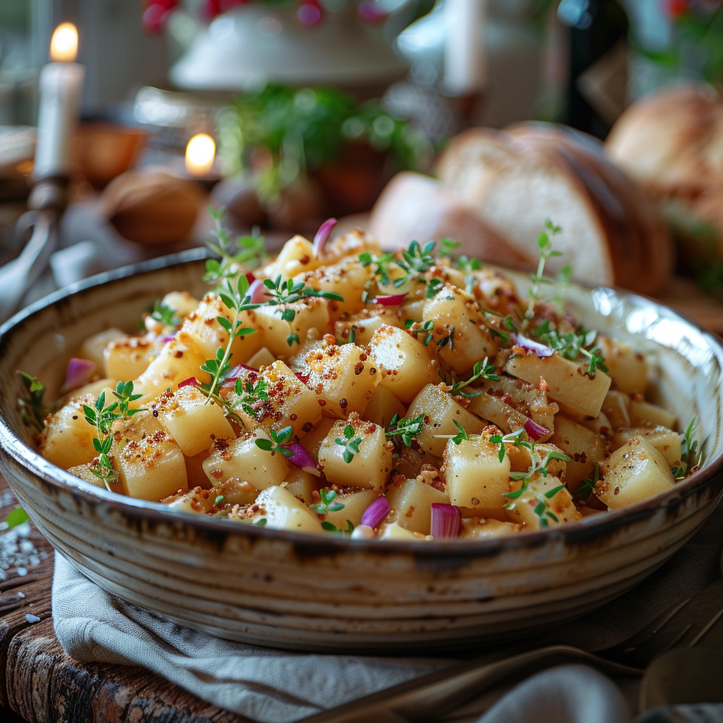 Kartoffelsalat mit Kräutern auf dem Ostertisch