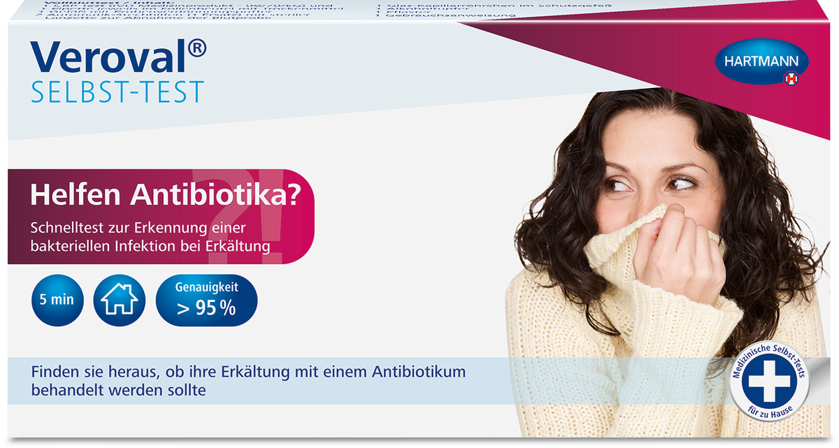 Ob eine solche bakterielle Superinfektion vorliegt, können Verbraucher mit dem Veroval® SELBST-TEST „Helfen Antibiotika?“ herausfinden. Ist dieser positiv, ist der Gang zum Arzt unerlässlich.