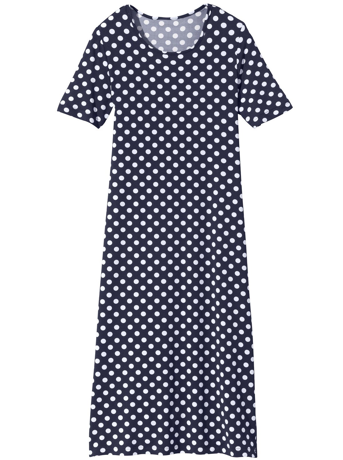 Das dunkelblaue Kleid mit weißen Punkten ist das Keypiece des Looks