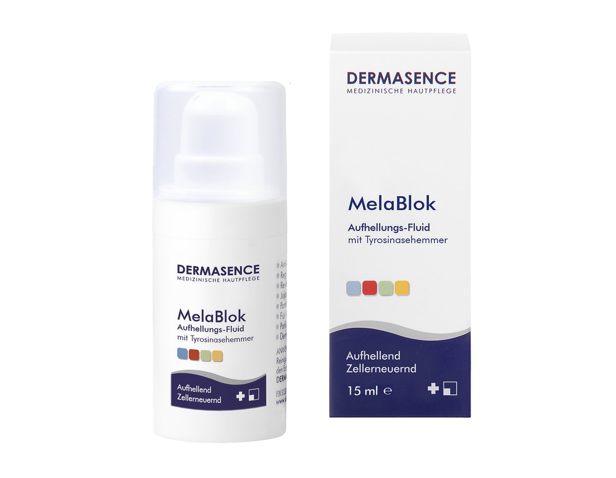 Intensivpflege mit Fruchtsäurekomplex und Süßholzwurzelextrakt. Hellt Pigmentflecken auf. MelaBlok. 22,50 Euro, Apotheke