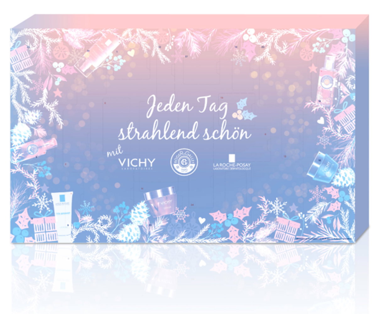 Hochwertige Pflegeprodukte in praktischen Kennenlerngrößen von Vichy, Roger & Gallet und La Roche-Posay verstecken sich im wunderschönen Adventskalender mit Weihnachtsmotiv in zarten Farben. In ausgewählten Apotheken erhältlich, ca. 30 Euro
