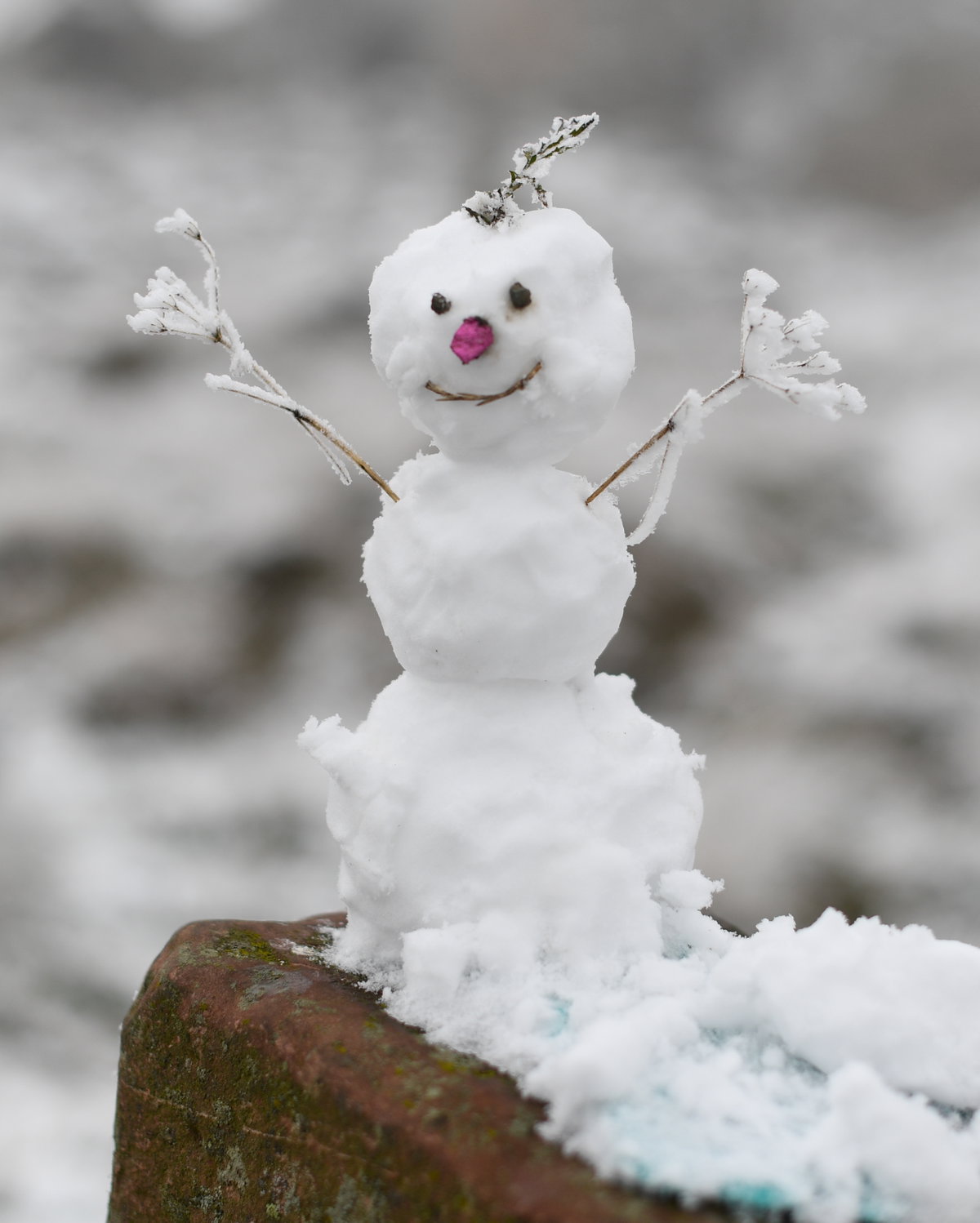 Ein lächelnder Schneemann mit pinkfarbener Nase