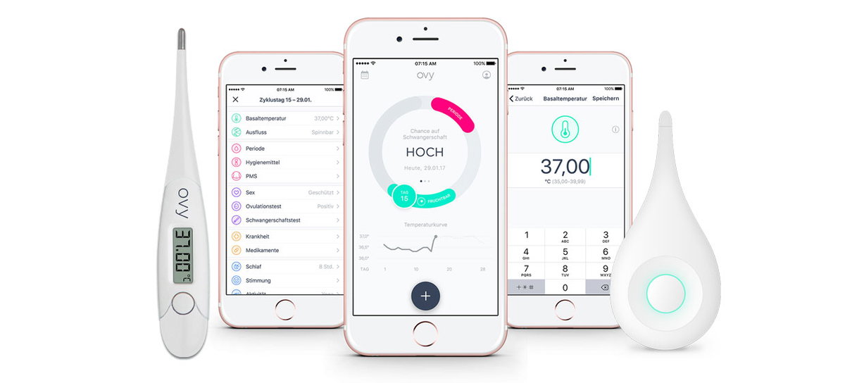 Drei Beispiele, wie die App auf dem Smartphone aussieht, und das erste Thermometer sowie das Bluetooth-Thermometer