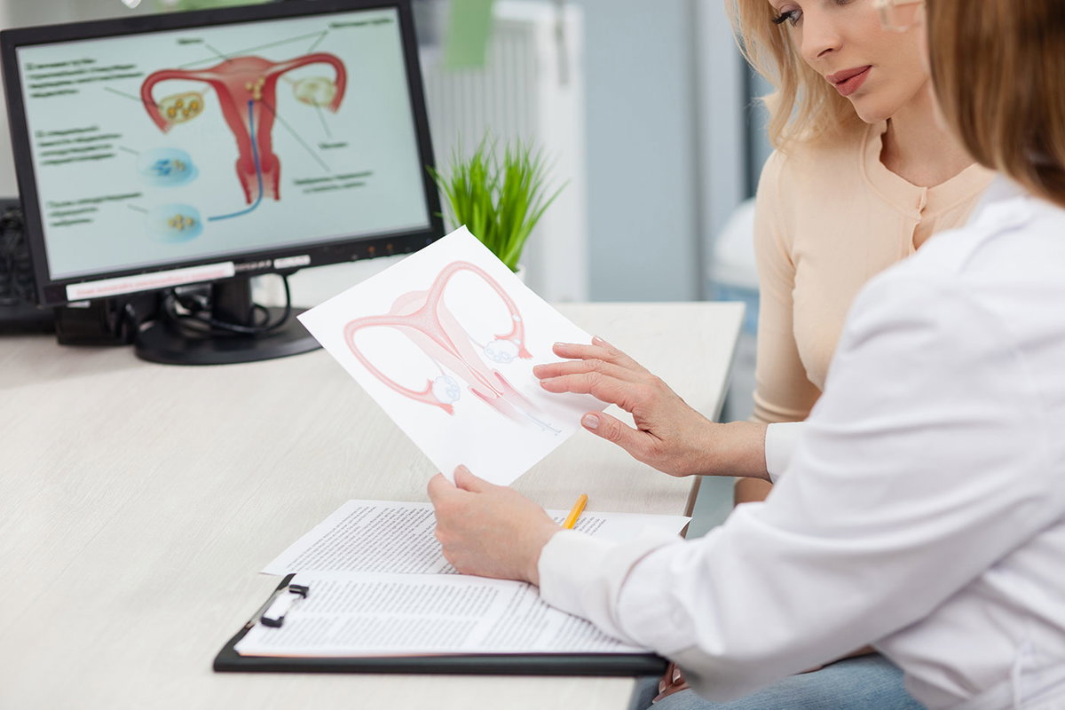 Ärztin zeigt Patientin Grafik von Uterus